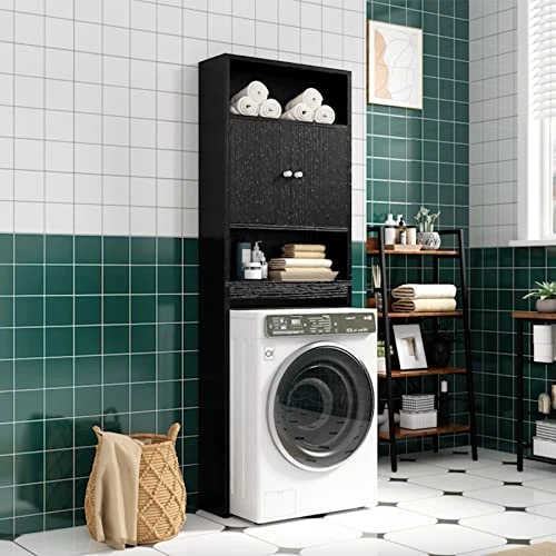ME2 Bathroom Over The Toilet Storage Cabinet, 77'' Taller Bathroom Organizer Shelf Space-Saving Collect Cabinet With Shelves And Double Doors, Black