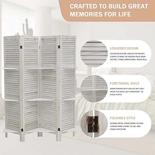 Babion Room Divider With Shelves,4 Panel Room Divider Wall,White Room Dividers And Folding Privacy Screens,Partition Room Dividers For Bedroom, Garden, Office, Study Room (White) - Image 3