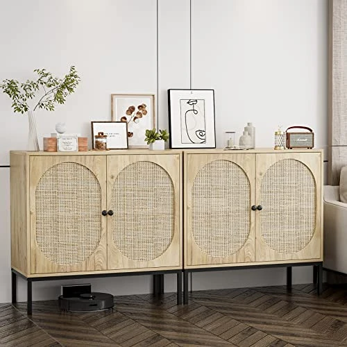 IKIFLY Set Of 2 Accent Storage Cabinet With Handmade Natural Rattan Doors - Rattan Sideboard Buffet Cabinet - Kitchen Cupboard Server Console Table For Dining Room, Bedroom, Hallway - Natural