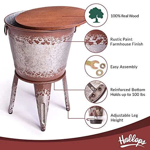 Hallops Farmhouse Accent Side Table | Galvanized Rustic Coffee Table | Metal Storage Ottoman Wood Cover With Stand| Farmhouse Decor Storage Bench With Legs(Set Of 1, Distressed Rustic) - Image 4