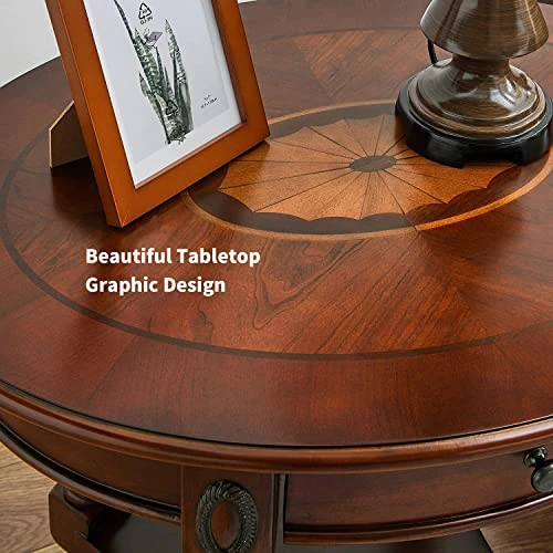 LEEMTORIG Solid Wood End Table With Drawer, Oval Round Bed Side Table Nightstand With Pattern Desktop For Living Room Bedroom, Cherry Walnut CJZ-1533-WD-DR - Image 3