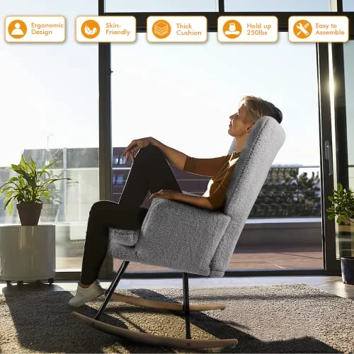 Waleaf Rocking Chair Nursery Teddy Upholstered Glider Rocker Rocking Accent Chair Padded Seat With High Backrest Armchair Bedroom Chair Comfy Chair (Grey) - Image 3