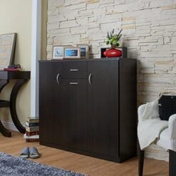 IoHOMES Darrion Modern 10-Shelf Shoe Cabinet With Center Drawer, Espresso