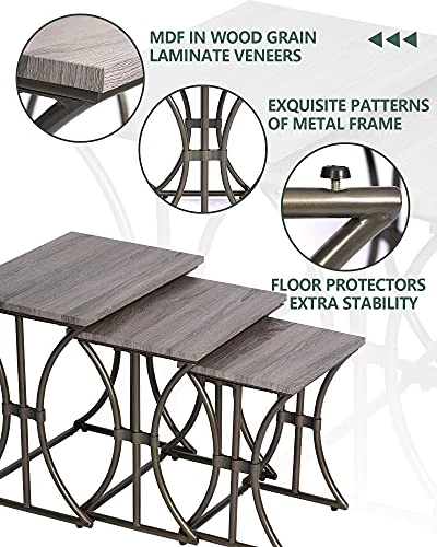 KATDANS Nesting Table Set Of 3, Stacking End Table-Small Coffee Table Set Of 3, Modern Living Room Accent Table Set Of 3, Weathered Oak Tabletop-Bronze Base, KS663O - Image 5
