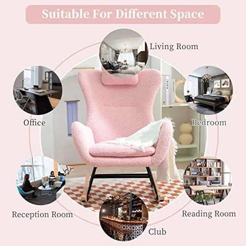 NIOIIKIT Nursery Rocking Chair, Comfy Accent Chair Padded Seat With High Backrest Armchair, Teddy Upholstered Glider Rocker Rocking For Nursery, Living Room, Bedroom (Pink) - Image 4