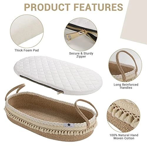 Maidek Baby Changing Basket - Handmade Woven Cotton Rope Moses Basket - Changing Table Topper With Mattress Pad, Removable Cover, Soft Blanket, Furniture - 29x16x4.7 Brown/White - Image 6