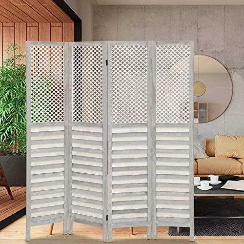 ACEHOME Room Dividers 4 Panel,Home Folding Privacy Carved Wood Screens 5.6Ft,Portable Office Walls Dividers,Indoor Decorative Room Divider,No Installation Required(Grayish White) - Image 2