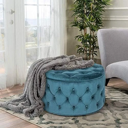 Homebeez Round Velvet Storage Ottoman Button-Tufted Footrest Stool Coffee Table For Living Room (Emerald Green) - Image 9