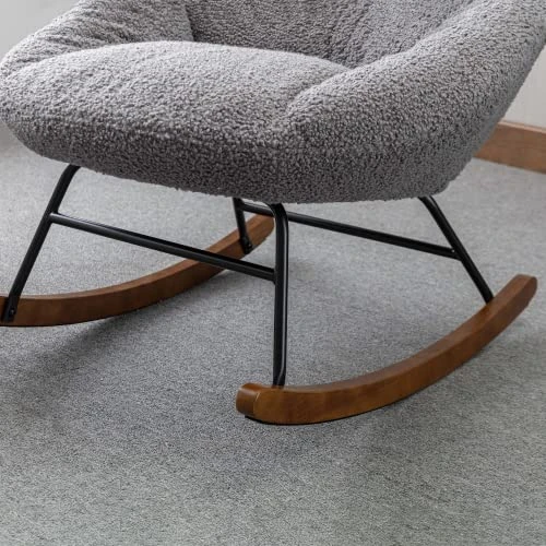 BOMENG Rocking Chair, Glider Rocker With Metal Frame & Solid Wood Base, Comfy Single Sofa Chair With High Back & Padded Seat, Lounge Chair For Living Room, Grey1 - Image 3