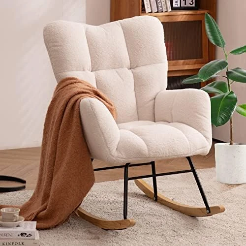 NIOIIKIT Nursery Rocking Chair Teddy Upholstered Glider Rocker Rocking Accent Chair Padded Seat With High Backrest Armchair Comfy Side Chair For Living Room Bedroom Offices (Ivory Teddy) - Image 10
