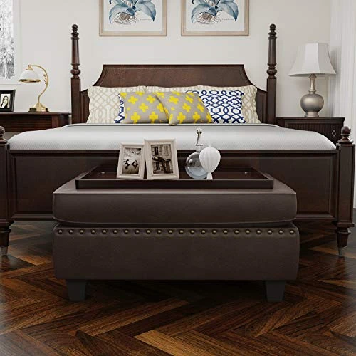 HONBAY Faux Leather Rectangle Bench With Storage Ottoman For Bedroom Upholstered Storage Bench Ottoman For Living Room (Brown Leather, Tray Ottoman)