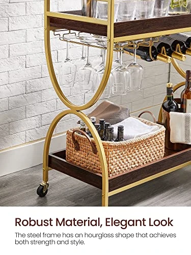 VASAGLE Bar Cart Gold, Home Bar Serving Cart, Kitchen Serving Cart With Wine Holders, Glass Holders, Wine Cart, Gold And Cherrywood Color ULRC089A24 - Image 7