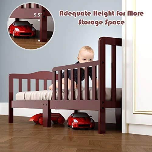 HONEY JOY Toddler Bed Frame, Solid Rubber Wood Frame W/Safety Guardrail, Fits Crib Full Size Mattress (Not Included), Children Classic Sleeping Bedroom Furniture For Kids Boys Girls(Brown) - Image 6