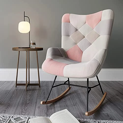 BELLEZE Colorful Patchwork Rocking Chair, Comfy Nursery Rocking Chairs Linen Upholstered Glider Rocker With Solid Wood Legs For Living Room Bedroom Nursery - Paramount (Patchwork B) - Image 2