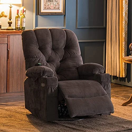 MCombo Electric Power Swivel Glider Rocker Recliner Chair With Cup Holders For Nursery, Hand Remote Control, USB Ports, 2 Side & Front Pockets, Plush Fabric 7797 (Grey)