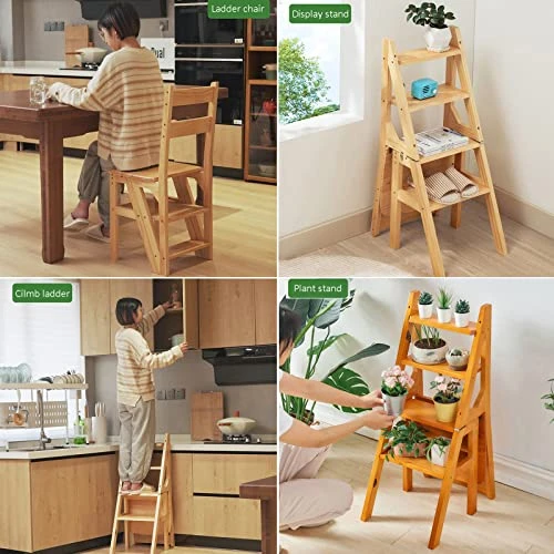 Wooden Folding Library Ladder Chair,Step Ladders,Foldable Chair Counter Chair Step Stool For Adults,Retro Step Stool Chair For Kitchen,2 In 1 Ladder Chair Storage Shelf For Indoor Outoor - Image 2