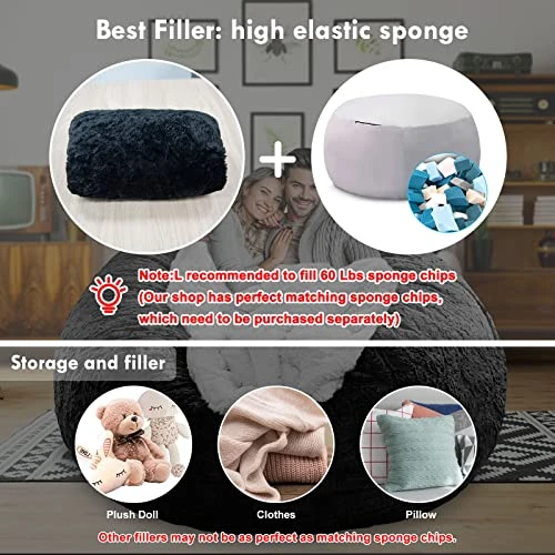 LapEasy Giant Bean Bag Chair Cover(Cover Only,No Filler),Oversized Round Soft Fluffy PV Velvet Washable Lazy Sofa Bean Bag Bed Cover For Adults, Living Room Bedroom Furniture Outside Cover(Black) - Image 3