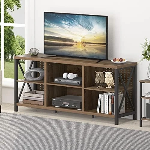 LVB Rustic Entertainment Center For 65 Inch TV, Industrial Wood And Metal TV Stand With Storage Shelf, Modern Television Media Console Table With Cabinet For Living Room Bedroom, Rustic Oak, 55 Inch - Image 5