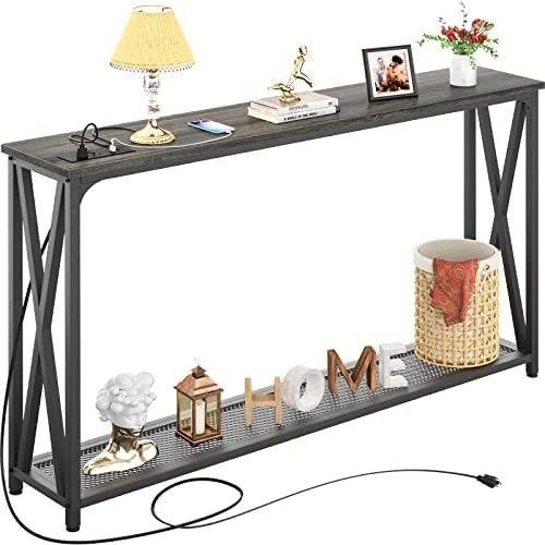 Karcog Narrow Console Table With Recessed Power Strip, 47 Inch Sofa Entry Table With 2 AC Outlets & 2 USB Ports, Industrial Farmhouse Style Accent Hallway Table For Living Room, Black - Image 8