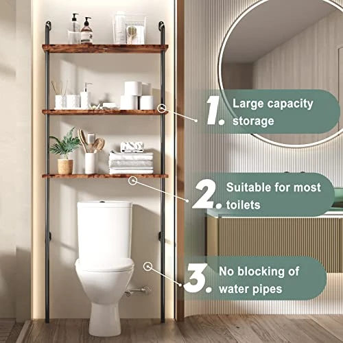AmazerBath Over The Toilet Storage Shelf, 3-Tier Bathroom Over The Toilet Organizer Rack, Ladder Shelf For Bathroom, Space Saver, Metal Frame, Rustic Brown