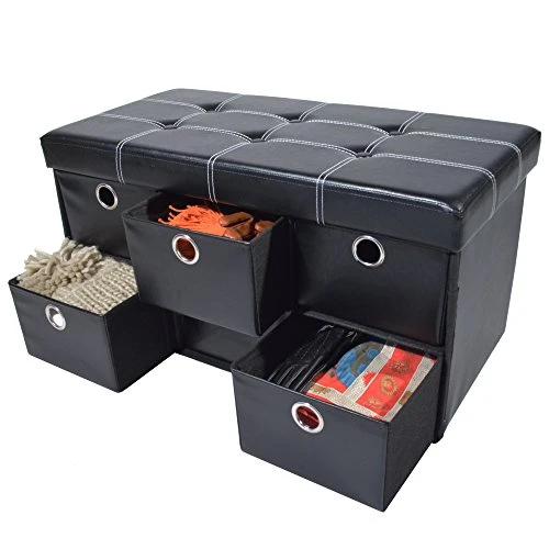 Achim Home Furnishings Collapsible Storage Ottoman 6 Drawers - Black Faux Leather 15x30x15 - Image 2