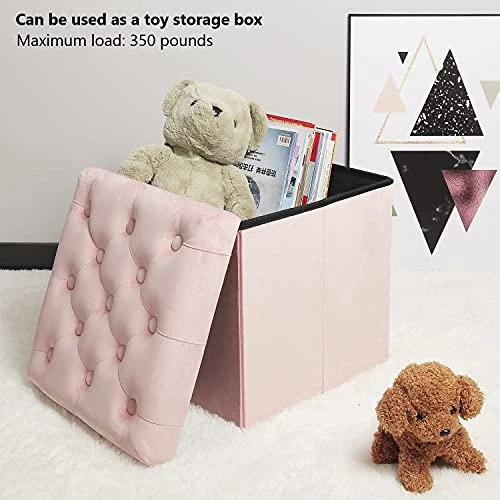 PINPLUS Folding Storage Ottoman Cube,Ottoman For Living Room,Velvet Tufted Ottoman With Cover Lid, Storage Shoes Box Toys Chest,15 Inches Ottoman Foot Rest Stool Seat For Bedroom (Pink) - Image 2