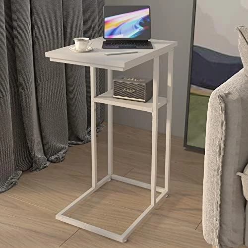 Innerjoin C Shaped End Table, Side Table With Metal Frame, TV Tray Table For Couch, Sofa Table For Living Room Bedroom, Bedside, Rustic Vintage Style, White - Image 12