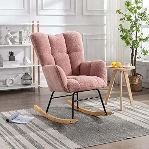 Polaris Garden Nursery Rocking Chair, Modern Teddy Fabric Nursing Chair For Mom And Baby, Accent Upholstered Rocker Glider Chair With High Backrest For Nursery Bedroom Living Room (Ivory White) - Image 7