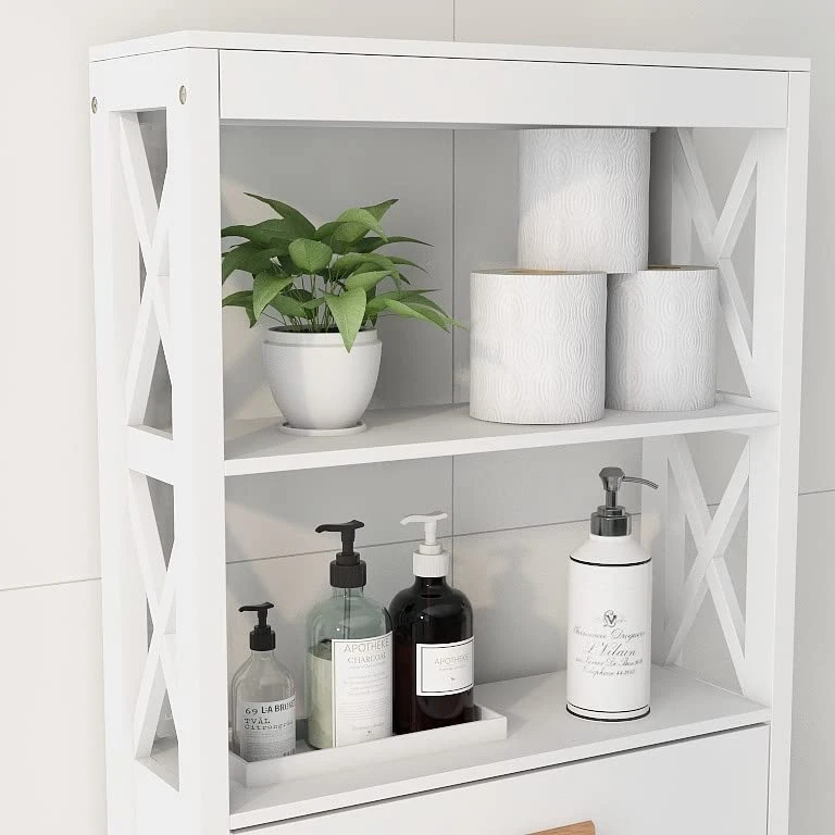 OQSC Bathroom Shelf Over The Toilet X- Frame Bathroom Organizer With 1 Drawer And Open Shelves Bathroom Space Saver(White) - Image 6