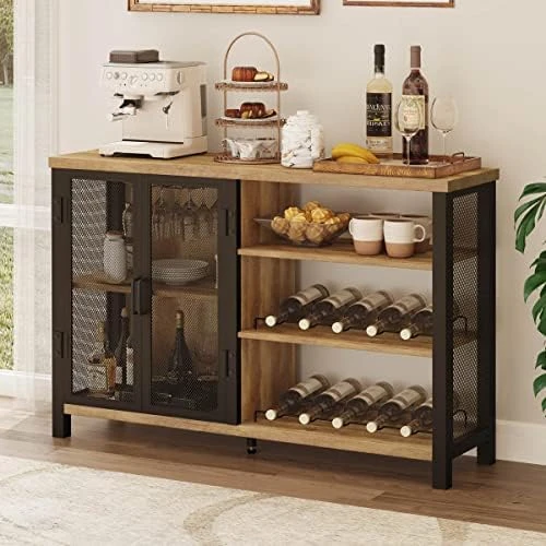 BON AUGURE Industrial Bar Cabinet For Liquor And Glasses, Rustic Metal Black Wine Bar With Bottle Rack And Stemware Rack, Free Standing Coffee Bar Cabinet For Home (Dark Grey Oak, 47 Inch) - Image 6