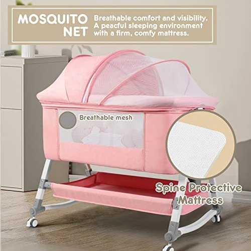 HARPPA Baby Bassinet Bedside Sleeper (Diaper Changing Station + Mosquito Net Included), Adjustable Bedside Crib With Storage, Converts To Cradle And Cosleeper, Portable, Easy Folding. Pink - Image 4