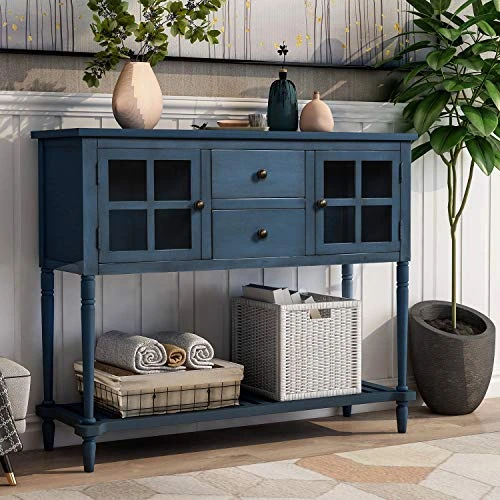 Harper & Bright Designs Console Table Buffet Sideboard Cabinet Sofa Table With Storage Drawers And Bottom Shelf Cabinet Living Room (Antique Blue)