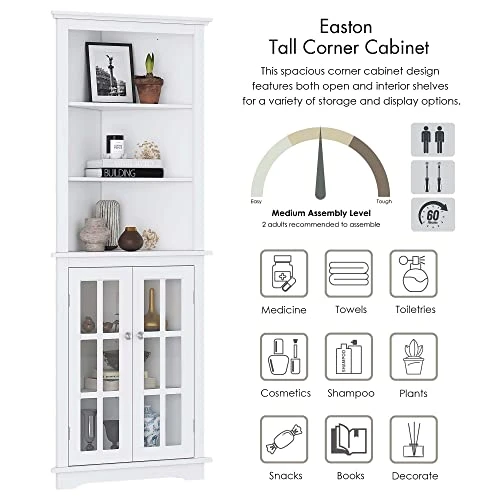 Spirich Home Bathroom Tall Corner Storage Cabinet, Floor Slim Display Storage Cabinet With Windowpane Glass Doors And Adjustable Shelves For Bathroom, Kitchen, Living Room Or Bedroom, White - Image 3