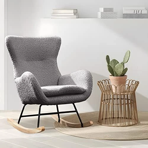 GEEVIVO Teddy Velvet Rocking Chair, Upholstered Accent Glider Rocker For Baby Nursery, Comfy Armchair Side Chair With High Backrest With High Backrest For Living Room, Bedroom (Beige, Teddy Velvet) - Image 9