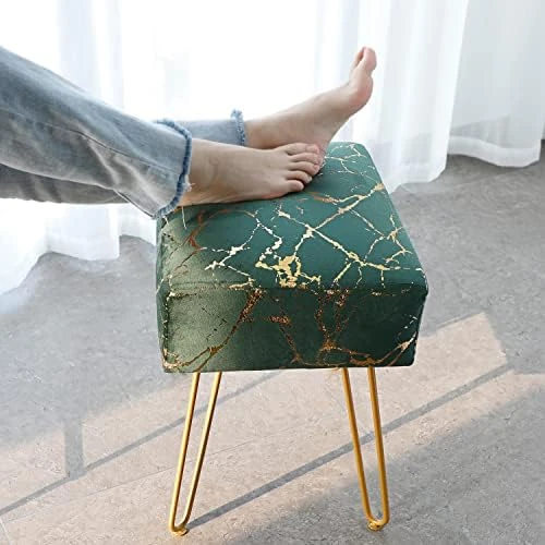 SCRIPTRACT Modern Mink Square Footstool Ottoman Bench Flower Pattern Furry Faux Fur Vanity Stool Chair With Golden Metal Leg For Vanity Entryway Bathroom Living Room Bedroom (Black Rose) - Image 12