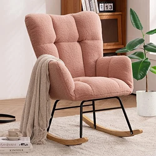 NIOIIKIT Nursery Rocking Chair Teddy Upholstered Glider Rocker Rocking Accent Chair Padded Seat With High Backrest Armchair Comfy Side Chair For Living Room Bedroom Offices (Ivory Teddy) - Image 15