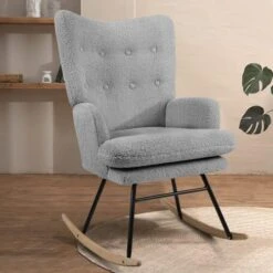 Waleaf Rocking Chair Nursery Teddy Upholstered Glider Rocker Rocking Accent Chair Padded Seat With High Backrest Armchair Bedroom Chair Comfy Chair (Grey)