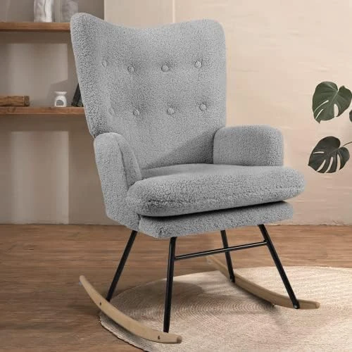 Waleaf Rocking Chair Nursery Teddy Upholstered Glider Rocker Rocking Accent Chair Padded Seat With High Backrest Armchair Bedroom Chair Comfy Chair (Grey) - Image 6