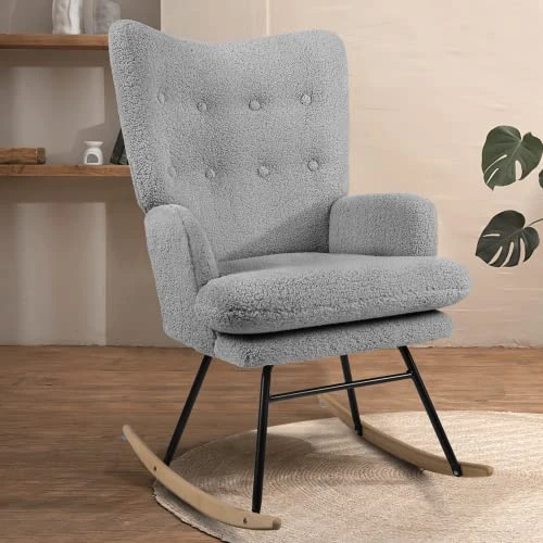 Waleaf Rocking Chair Nursery Teddy Upholstered Glider Rocker Rocking Accent Chair Padded Seat With High Backrest Armchair Bedroom Chair Comfy Chair (Grey)