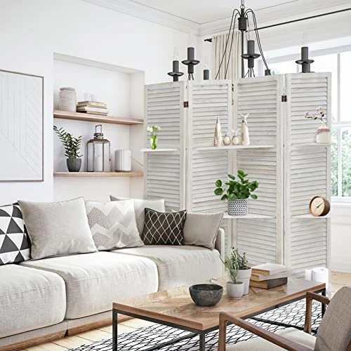 Babion Room Divider With Shelves,4 Panel Room Divider Wall,White Room Dividers And Folding Privacy Screens,Partition Room Dividers For Bedroom, Garden, Office, Study Room (White) - Image 4