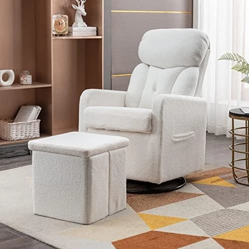 LUCKHAO Swivel Rocker Chair With Storage Ottoman, Modern Nursery Glider Chair, Teddy Fabric Upholstered Rocking Chairs, Armchair With High Backrest For Living Room Bedroom(White Teddy) - Image 6
