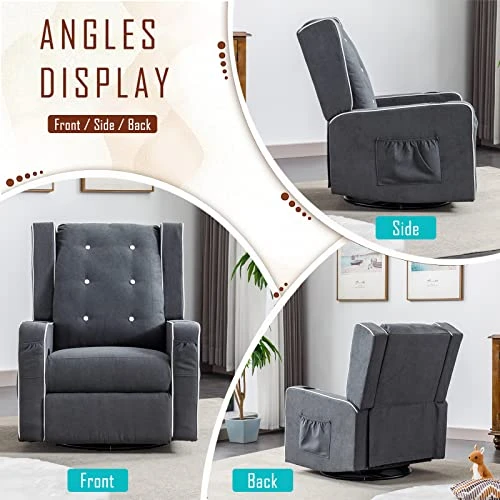 Oprisen Swivel Rocking Recliner Chair Overstuffed Wingback Glider Chair For Nursery, Manual Swivel Recliner With Side Pockets Cup Holders (Blue Gray) - Image 4