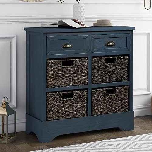 P PURLOVE Storage Cabinet Storage Unit With 2 Wood Drawers And 4 Wicker Baskets Rustic Storage Cabinet For Home Kitchen Entryway Living Room (White Washed) - Image 4