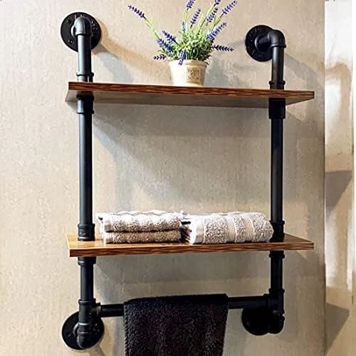 KES Bathroom Shelf With Bar Wall Mounted, 2-Tier Industrial Wooded Rustic Wall Shelf Over Toilet Rack With Double Adjustable Bar Floating Shelves 23.6-inch Metal Black, BTR500S60-BK - Image 8