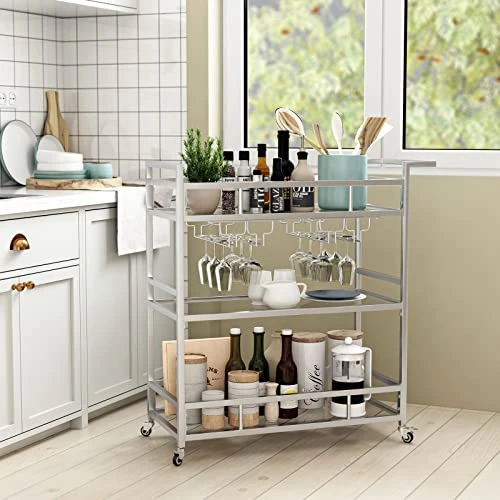 LORMITER Silver Bar Carts With 3 Tier Glass Shelves, Rolling Serving Bar Cart With Wine Rack And Glass Holder, Home Bar Carts & Wine Carts On Wheels For Kitchen, Indoor & Outdoor - Image 3