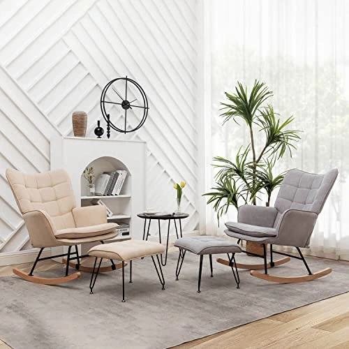 MELLCOM Rocking Chair With Ottoman, High Back Nursery Glider Rocker With Solid Wood Leg, Modern Upholstery Linen Fabric Armchair For Nursery, Living Room And Bedroom - Image 5