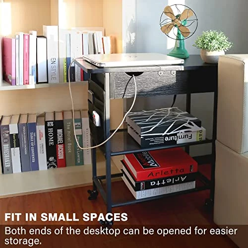 Slim Side Table With USB Ports And Outlets, Narrow End Table With Storage Shelf And Bag For Small Spaces 2 Sides Flip Top Nightstand With Charging Station Rolling Wheels For Living Room Bedroom Black - Image 2