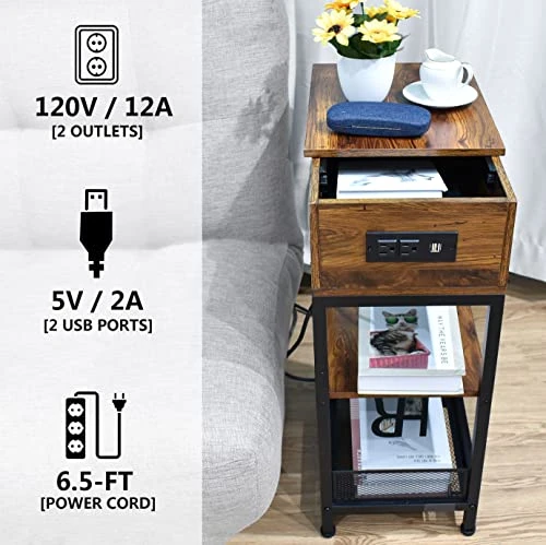 SZLHANJZ Bedroom Nightstand, Narrow Nightstand With Charging Station, Slide Open Small Side Table 3-Tier, Wood And Metal End Table With Drawer And Storage For Small Space Living Room Dorm, Brown - Image 5