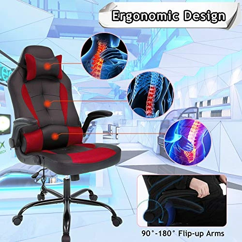 Massage Gaming Chair Ergonomic Office Chair High Back Desk Chair PU Leather Executive Chair With Lumbar Support Headrest Armrest PC Racing Computer Chair Task Rolling Swivel Chair, Red - Image 5