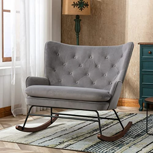 Polyester Rocker Armchair Oversized Tufted High Back Loveseat Chair Comfortable Glider Rocking Chair For Bedroom/Nursery/Living Room, Grey - Image 2